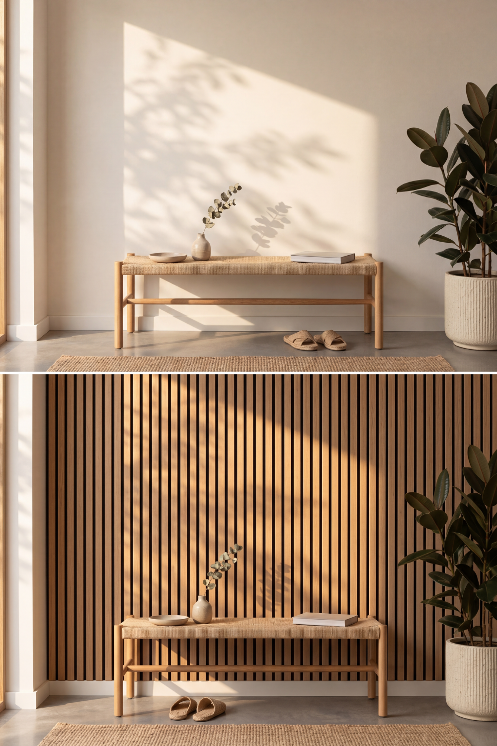 American Oak acoustic slat wall panel: before and after