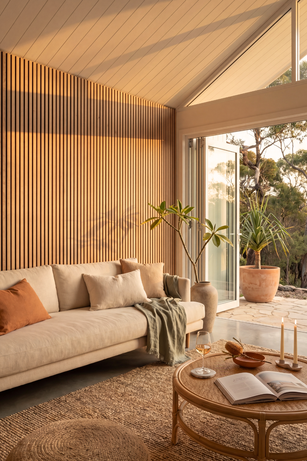 American Oak acoustic slat wall panel: Byron Bay lounge