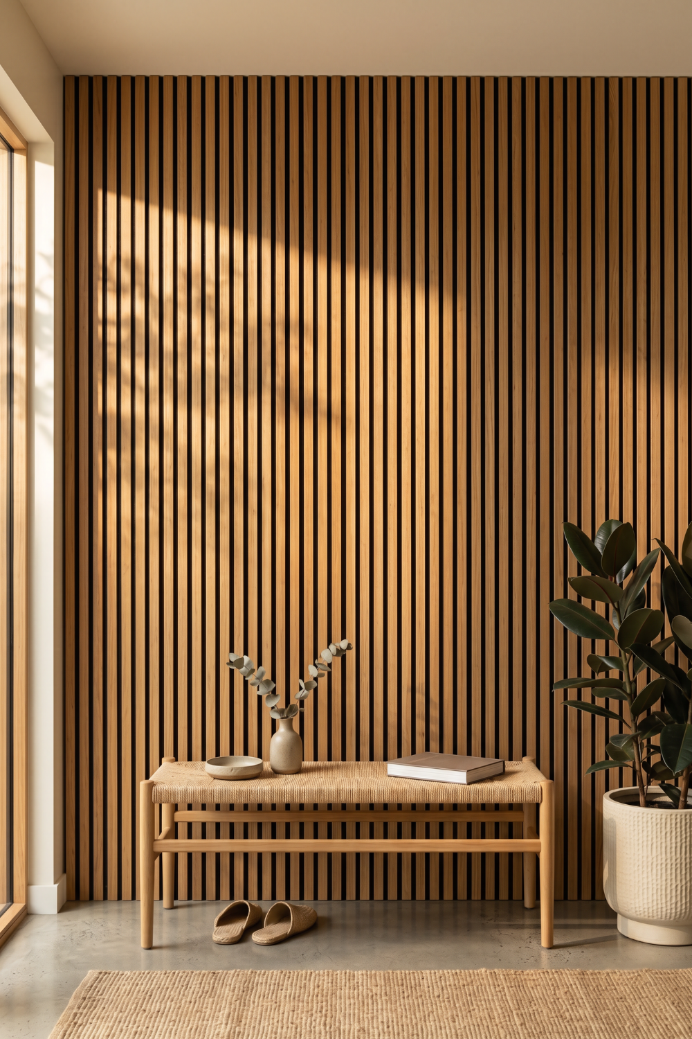 American Oak acoustic slat wall panel: entrance way