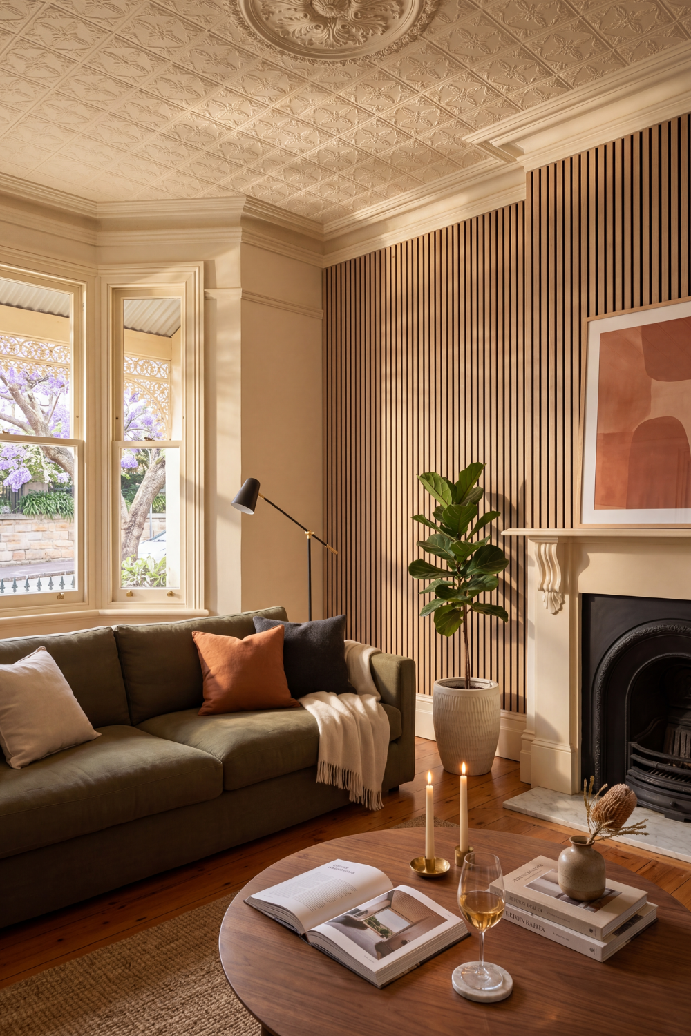 American Oak acoustic slat wall panel: Paddington Sydney lounge