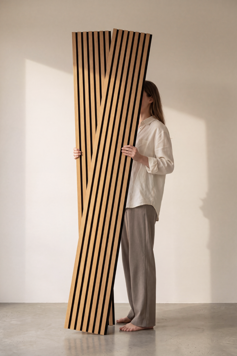 American Oak acoustic slat wall panel: studio panels held