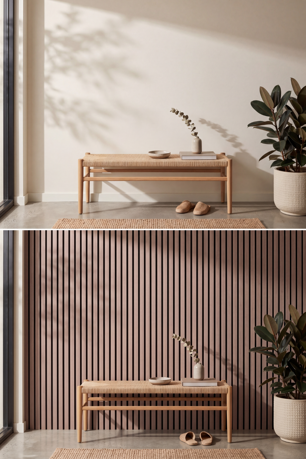 American Walnut acoustic slat wall panel: before and after