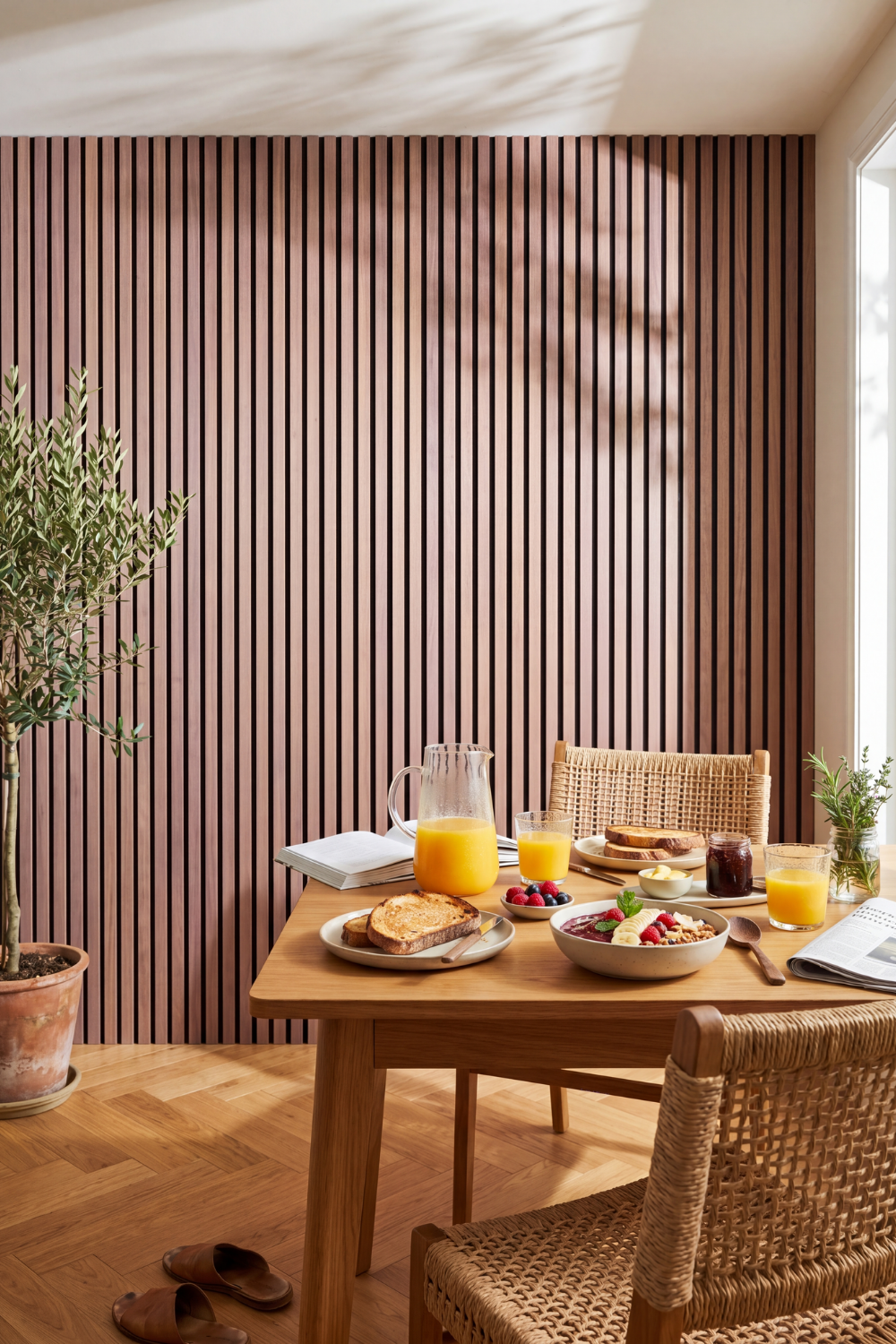American Walnut acoustic slat wall panel: breakfast nook
