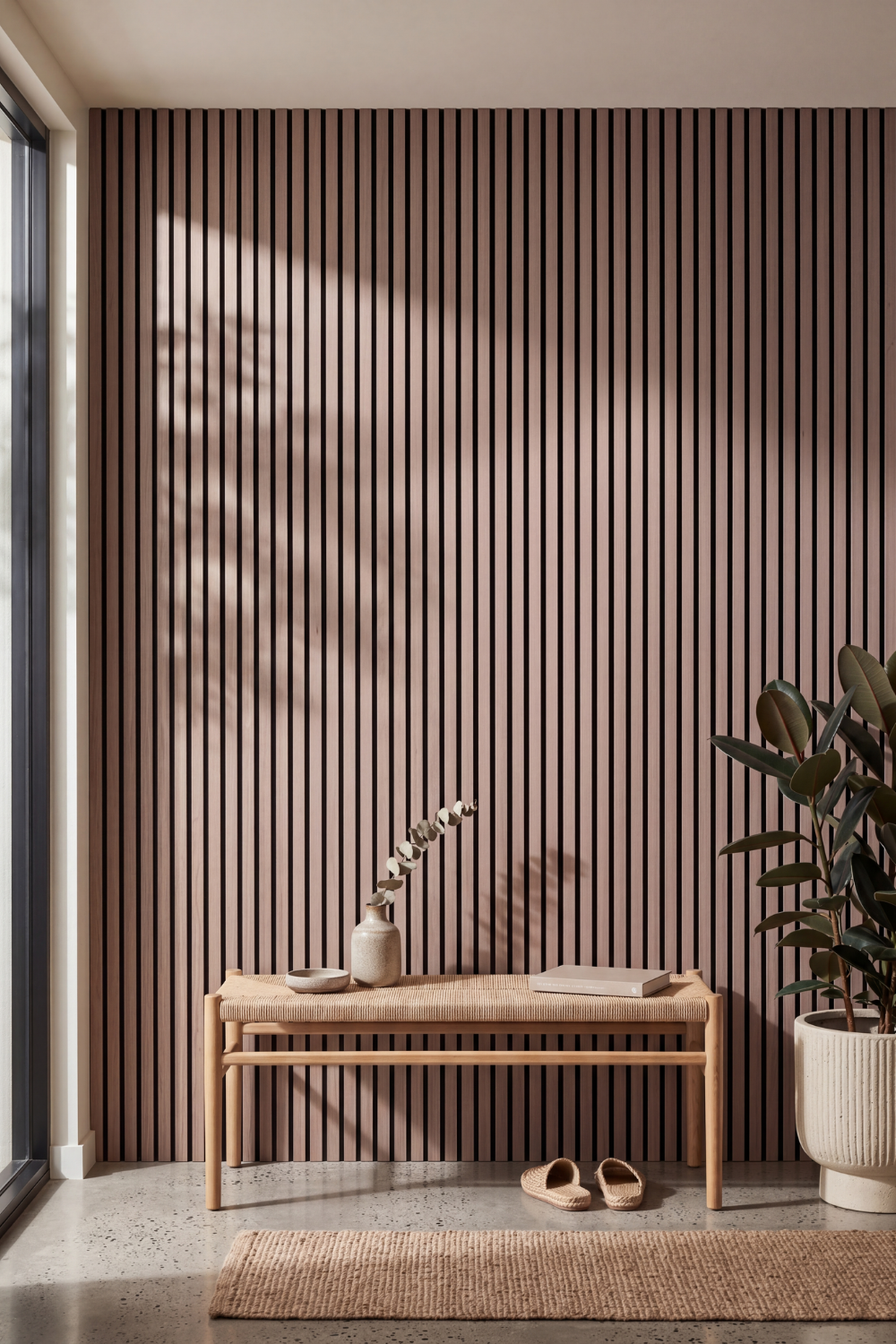 American Walnut acoustic slat wall panel: entrance way