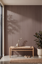 American Walnut acoustic slat wall panel: entrance way