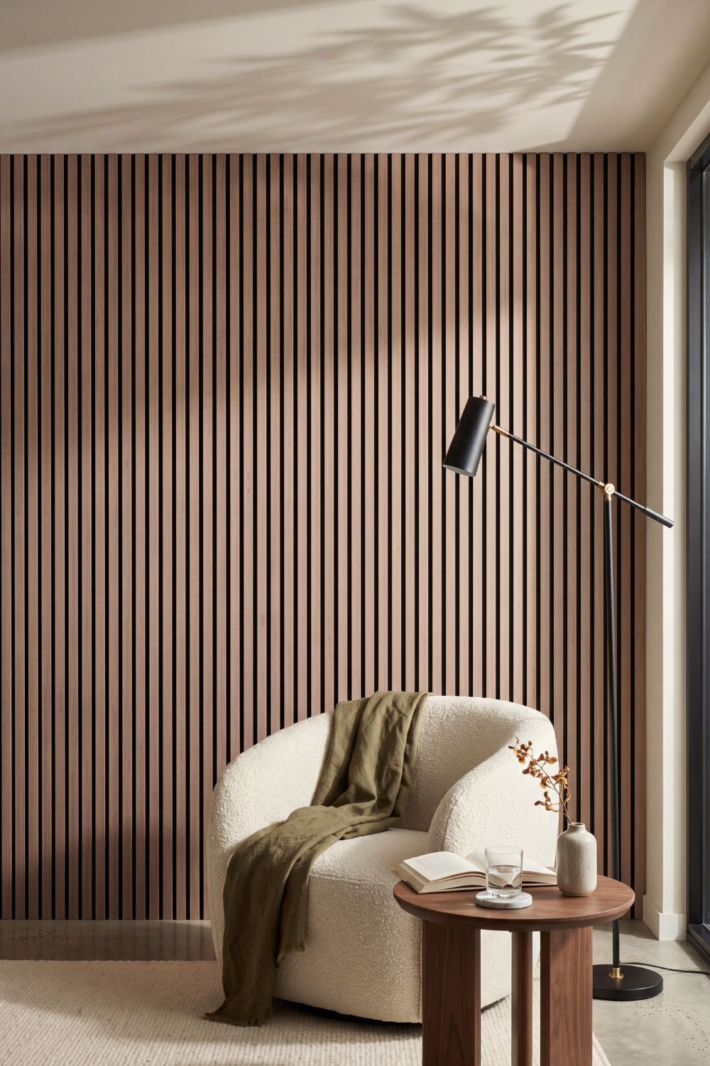 American Walnut acoustic slat wall panel: reading nook