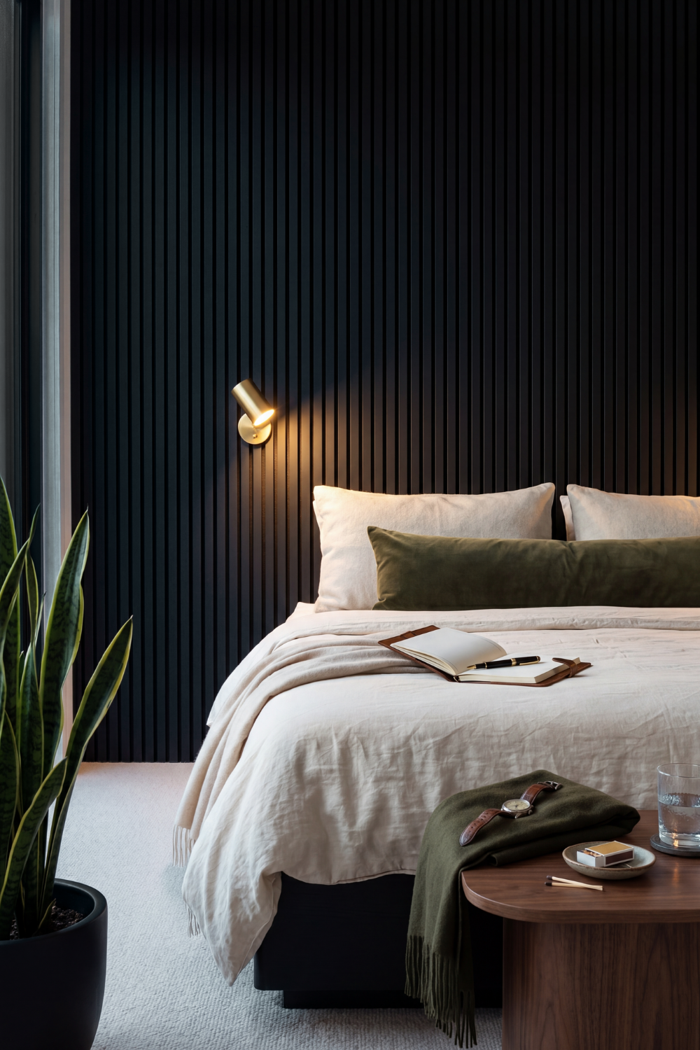 Black acoustic slat wall panel: bedroom