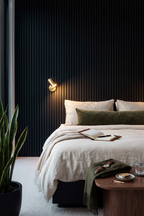Black acoustic slat wall panel: bedroom