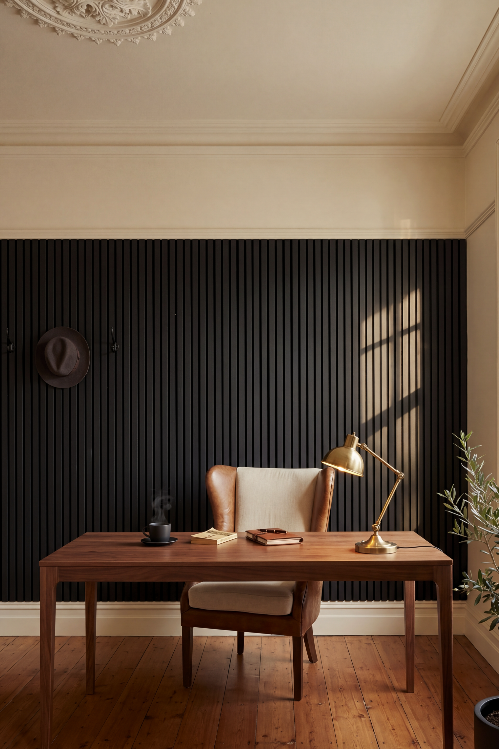 Black acoustic slat wall panel: gentlemans office