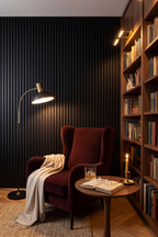 Black acoustic slat wall panel: home library