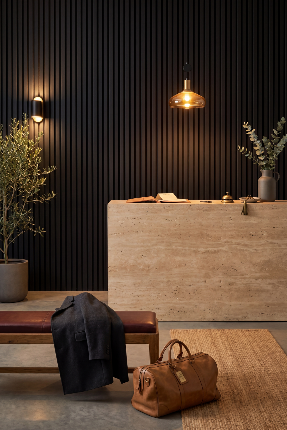 Black acoustic slat wall panel: hotel lobby