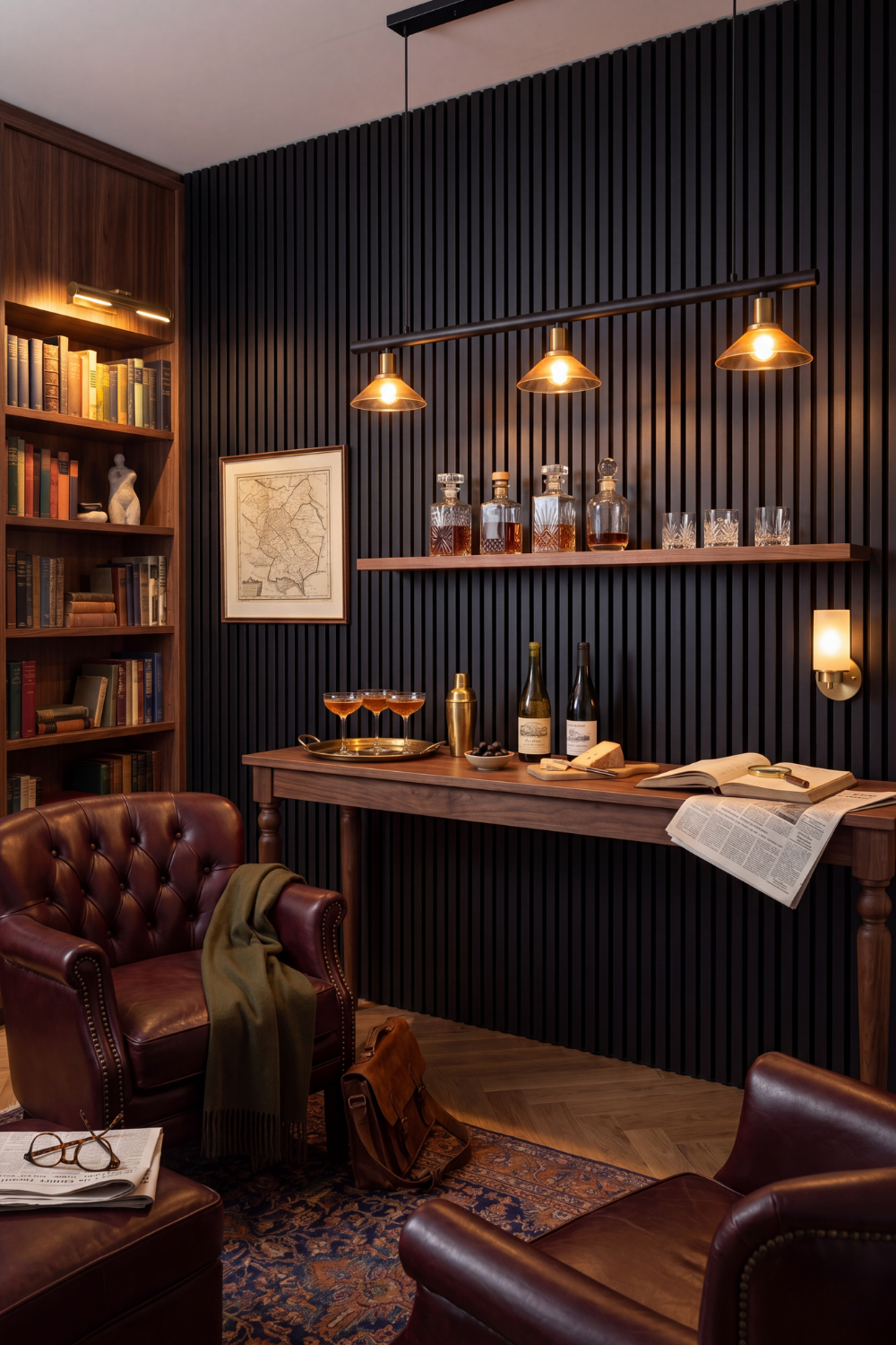 Black acoustic slat wall panel: private study