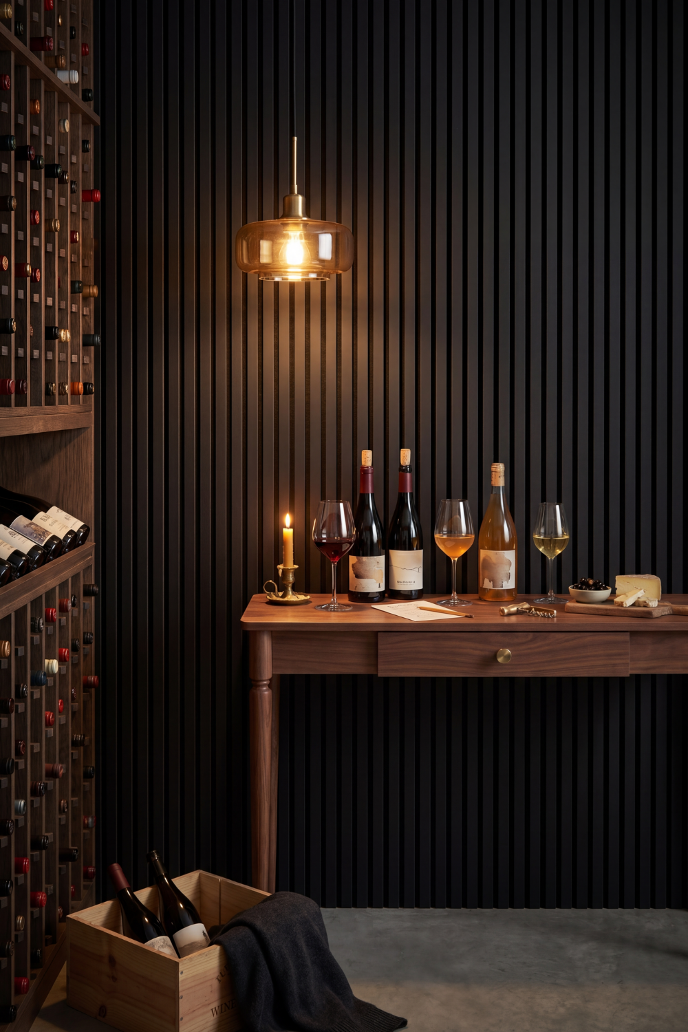 Black acoustic slat wall panel: wine cellar