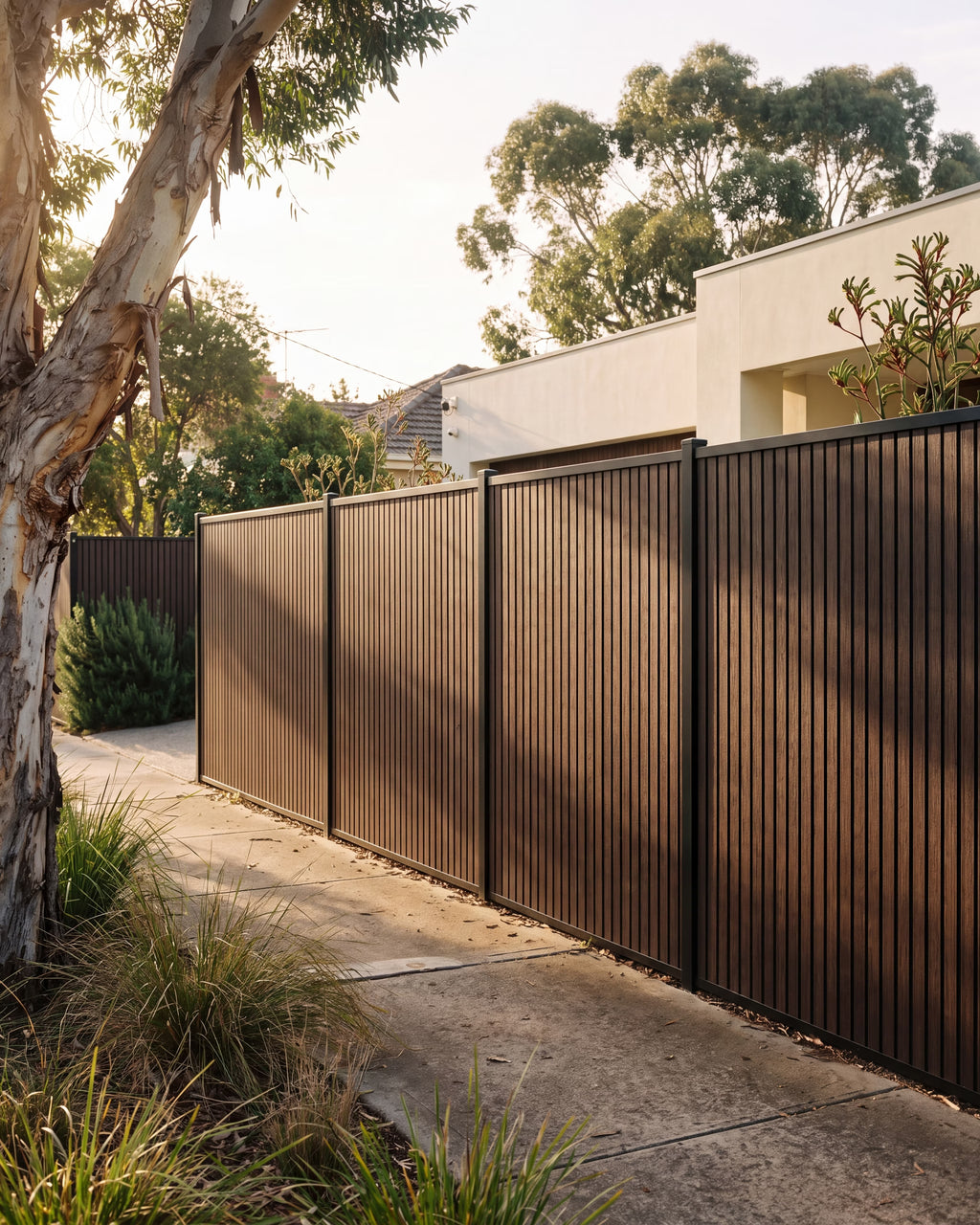 Walnut composite wood panels forming a garden boundary fence.