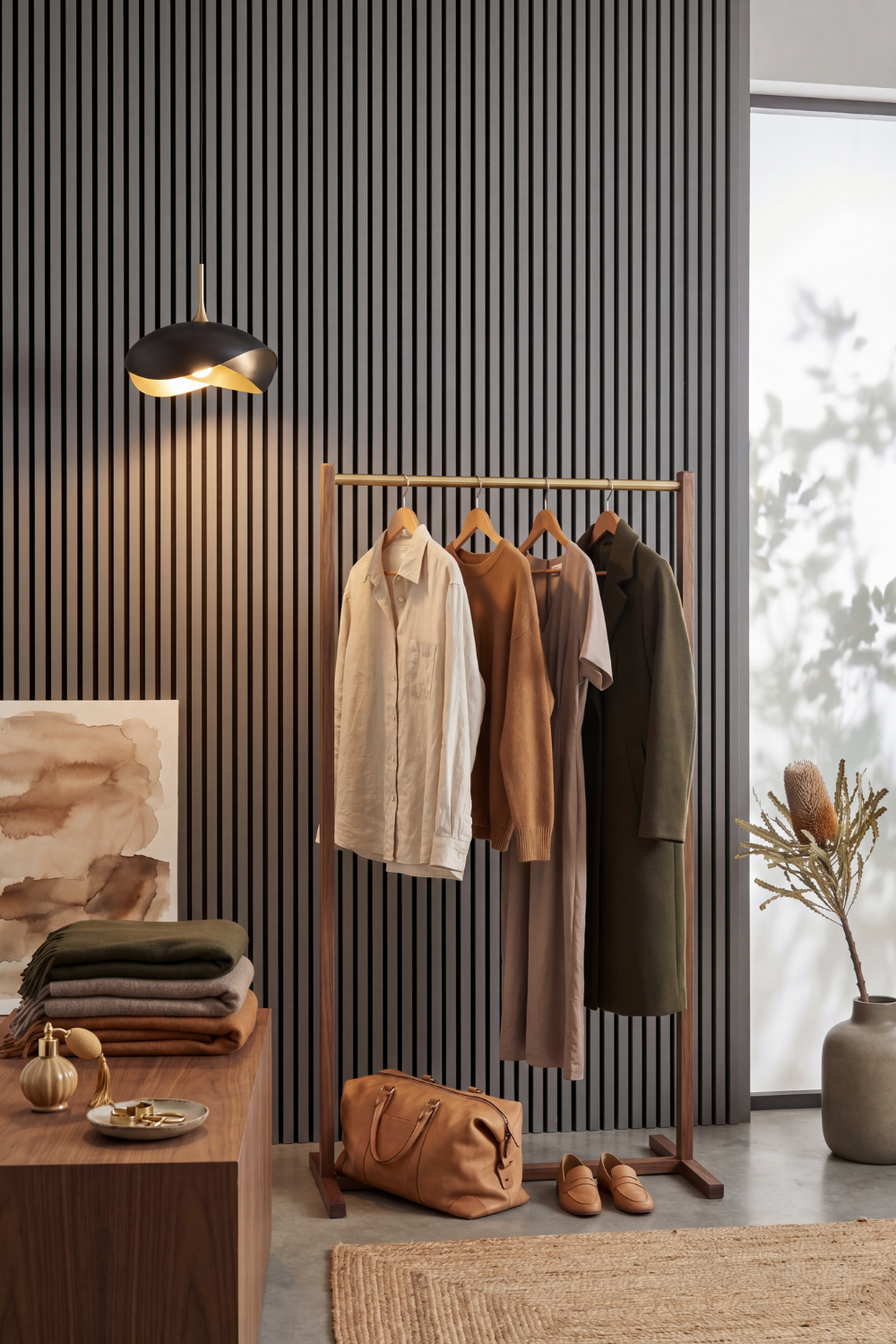 Dusty Grey acoustic slat wall panel: high-end retail