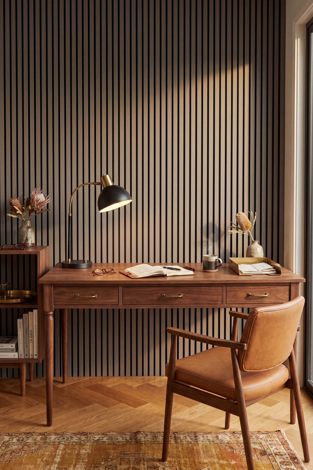 Dusty Grey acoustic slat wall panel: home office