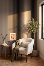 Dusty Grey acoustic slat wall panel: reading nook