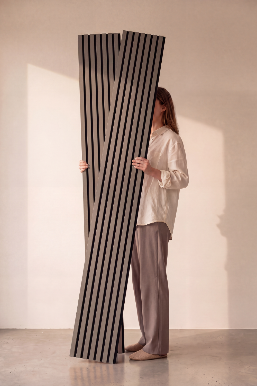 Dusty Grey acoustic slat wall panel: studio held