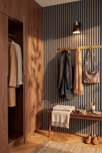 Dusty Grey acoustic slat wall panel: walk-in wardrobe