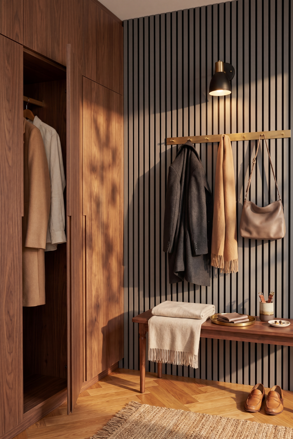Dusty Grey acoustic slat wall panel: walk-in wardrobe