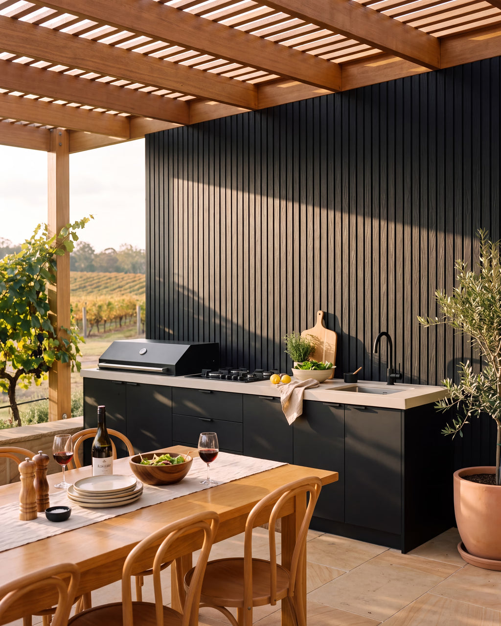 Black timber-look wall panels behind an outdoor kitchen with a gas cooktop.