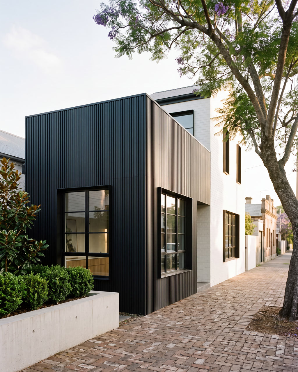 Black exterior wall panels framing windows on a modern home facade.