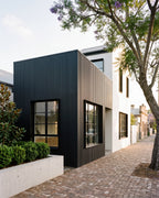 Black exterior wall panels framing windows on a modern home facade.