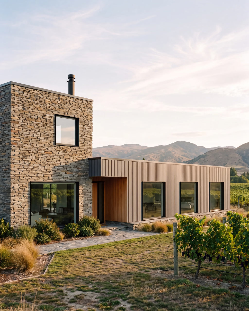 Grey composite exterior wall panels on a rural home exterior.