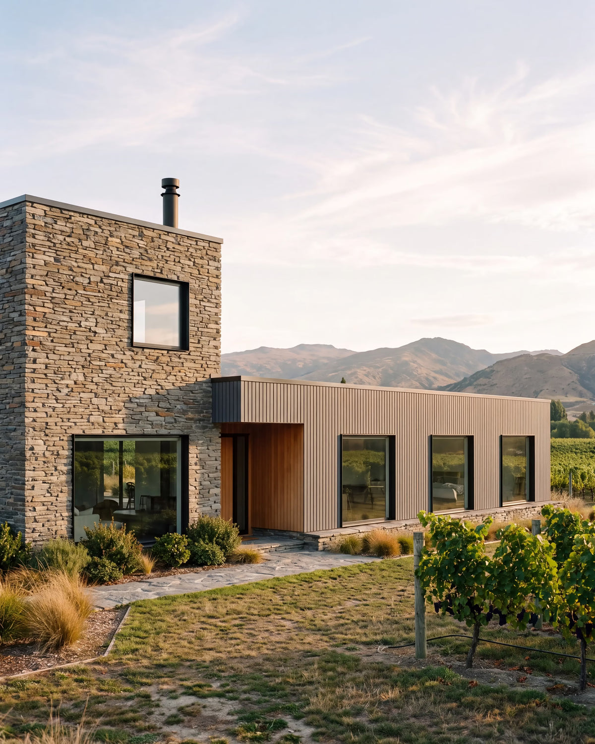 Grey composite exterior wall panels on a rural home exterior.