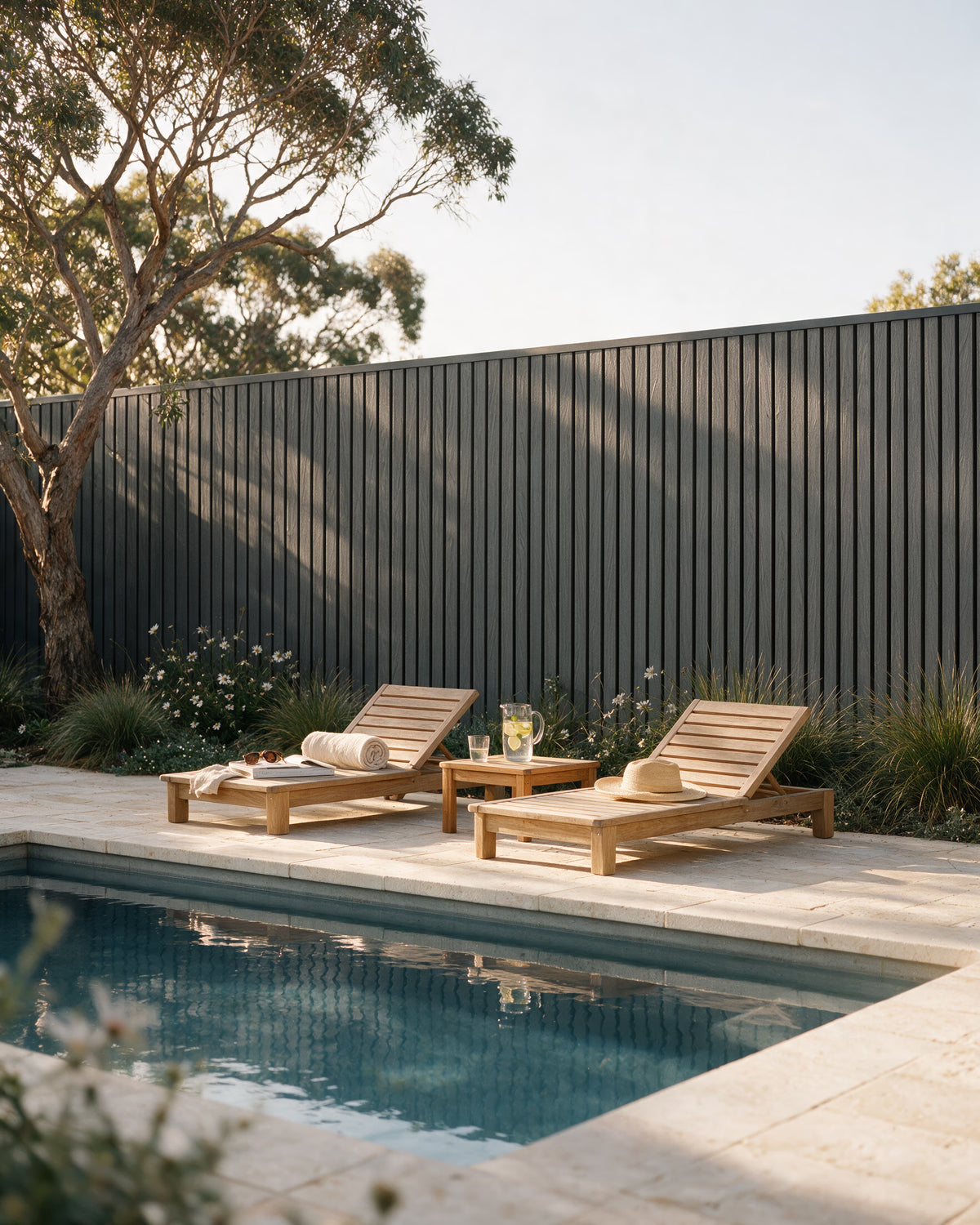 Grey composite wall panels used as a swimming pool fence.