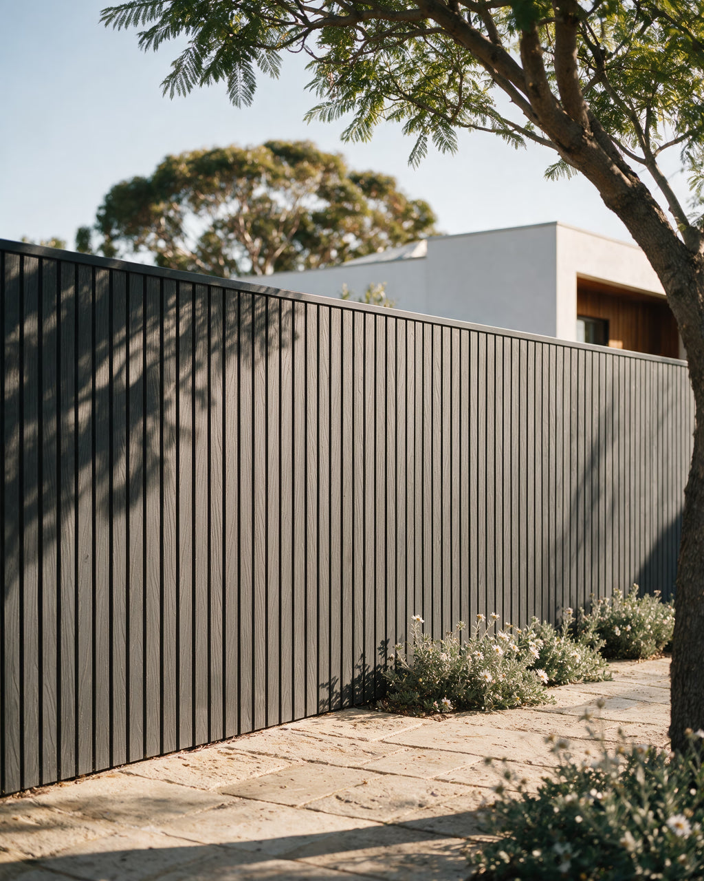 Grey composite wall panels forming a boundary fence.