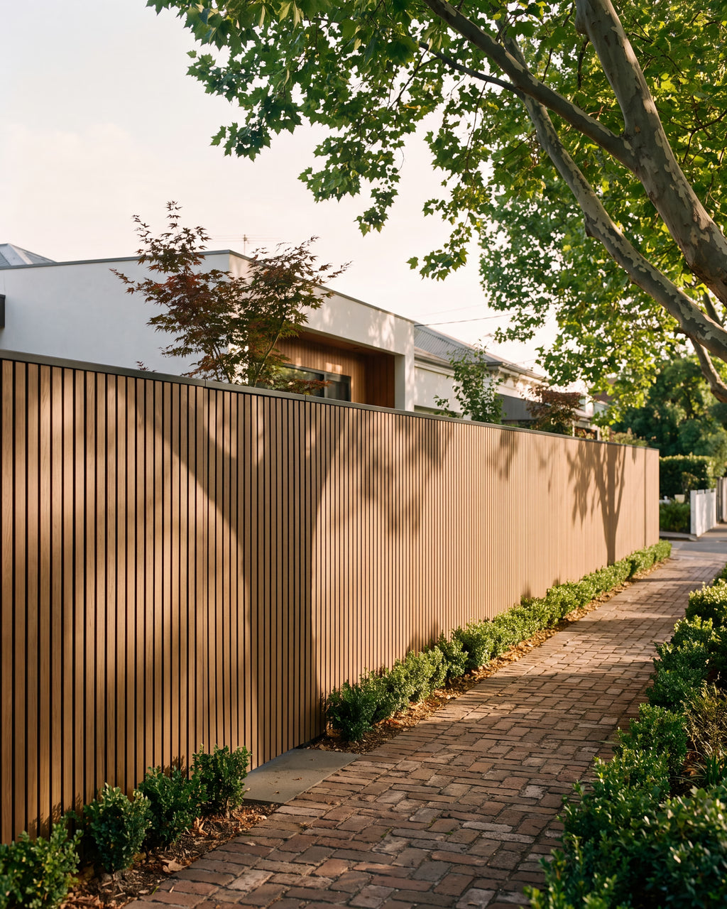 Oak composite wall panels forming a boundary fence.