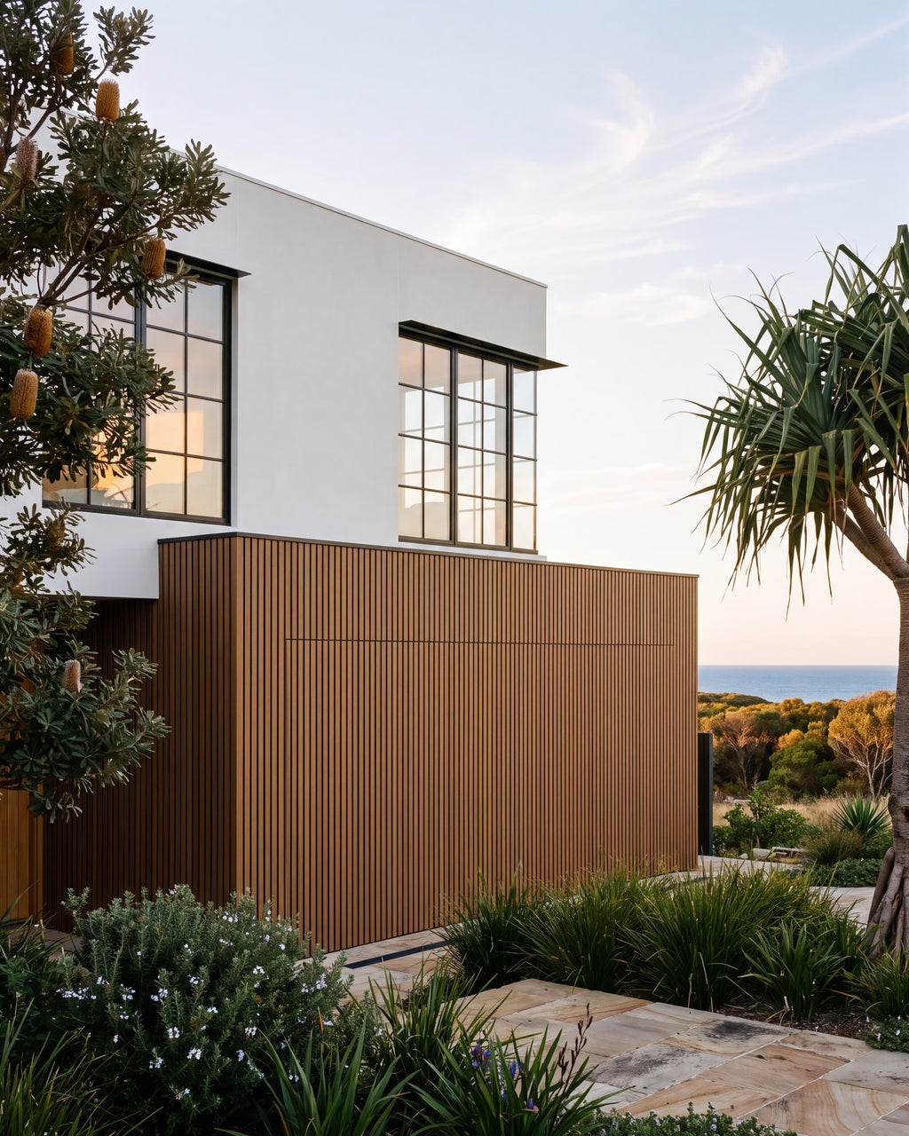 Oak composite wall panels on a coastal home exterior.