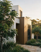 Oak composite exterior wall panels on a hinterland home exterior.