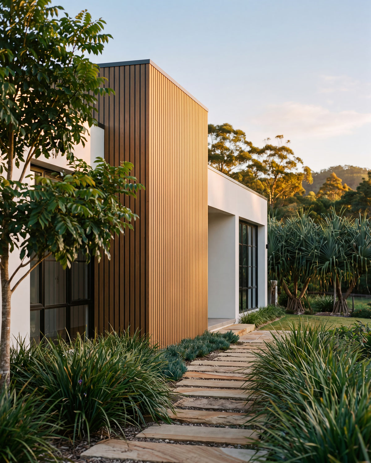 Oak exterior wall panels on a home exterior among greenery.