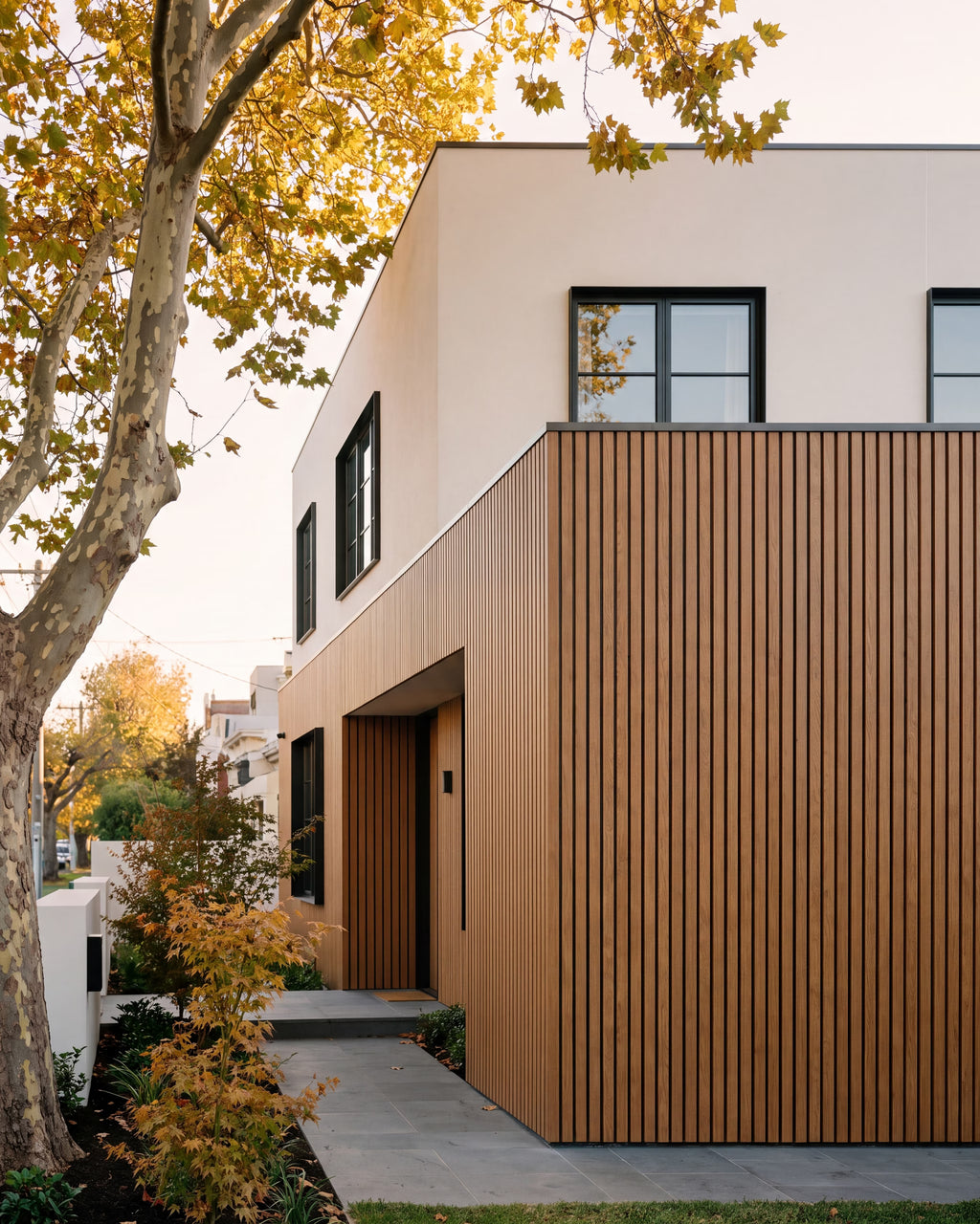 Oak exterior wall panels on a contemporary home facade.