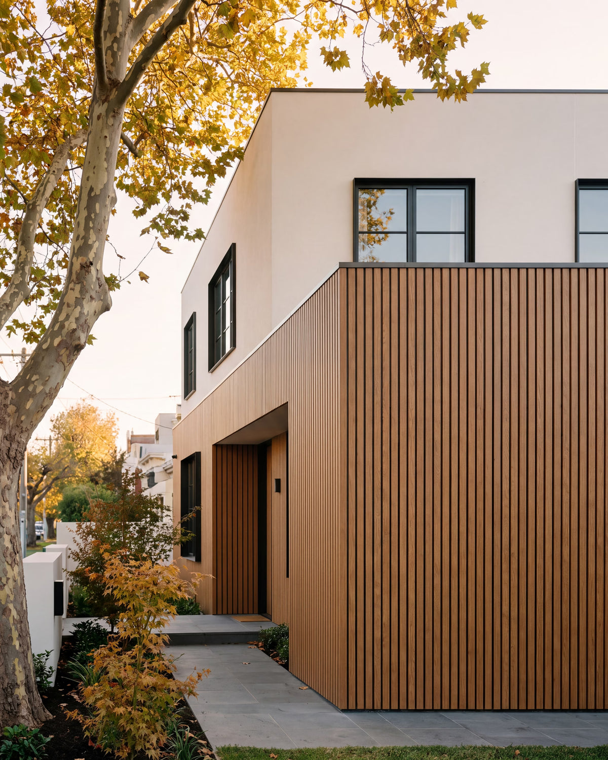 Oak exterior wall panels on a contemporary home facade.