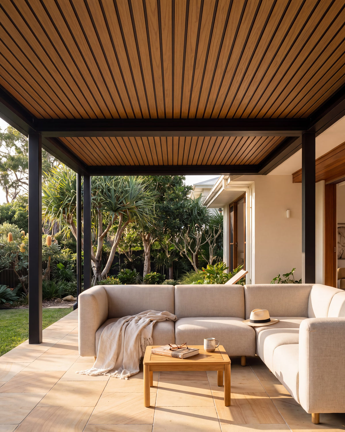 Oak wood-look wall panels lining an outdoor pergola.
