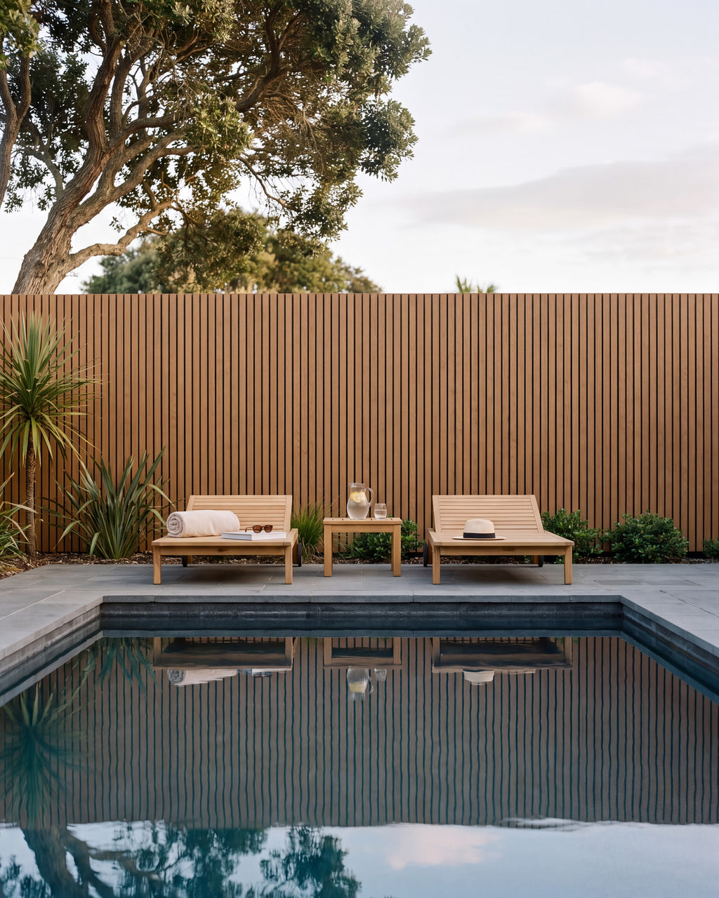 Oak composite wall panels used as a swimming pool fence.