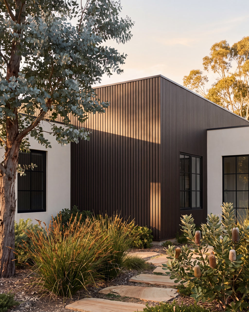 Walnut composite wall panels on a home surrounded by greenery.