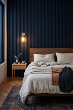Midnight Blue acoustic slat wall panel: high-end bedroom