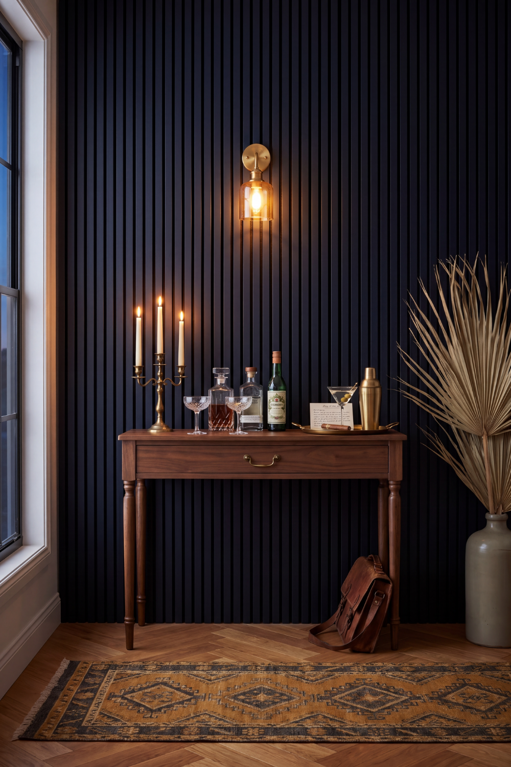 Midnight Blue acoustic slat wall panel: cocktail nook