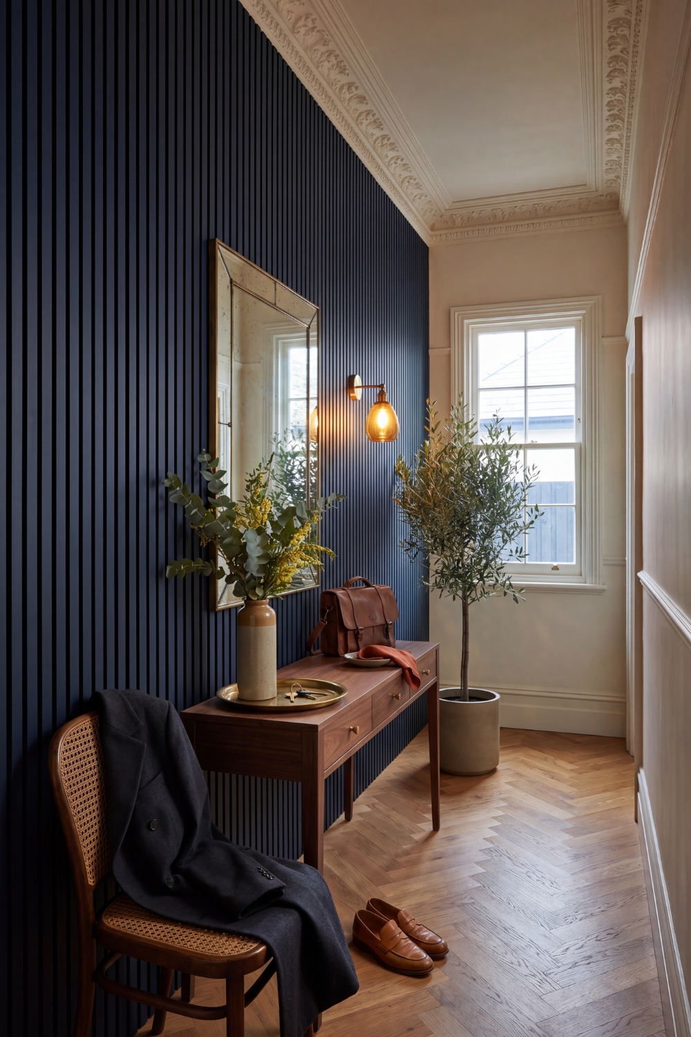 Midnight Blue acoustic slat wall panel: hallway