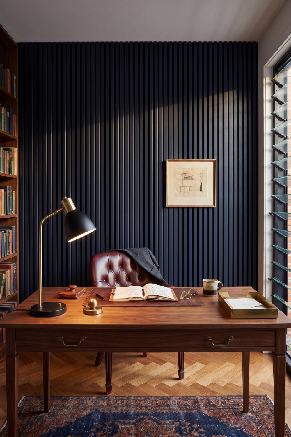 Midnight Blue acoustic slat wall panel: luxury gentlemans office