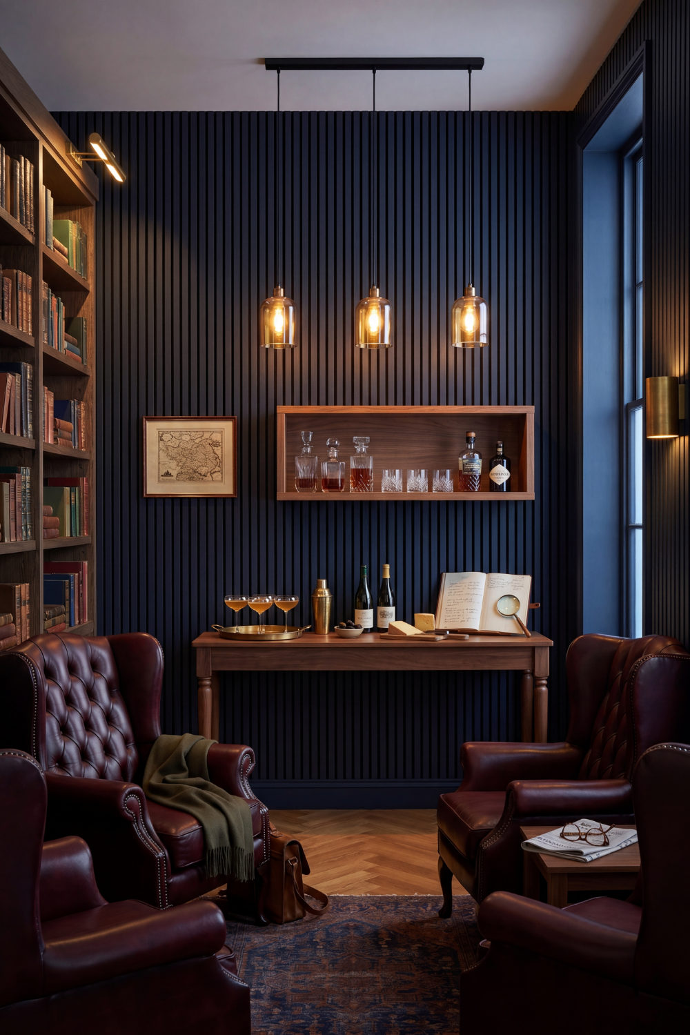 Midnight Blue acoustic slat wall panel: private whisky lounge