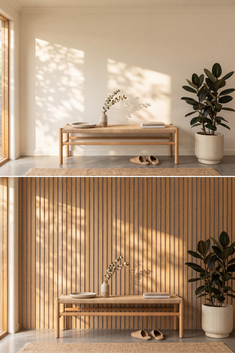 Oak Grey Felt acoustic slat wall panel: before and after