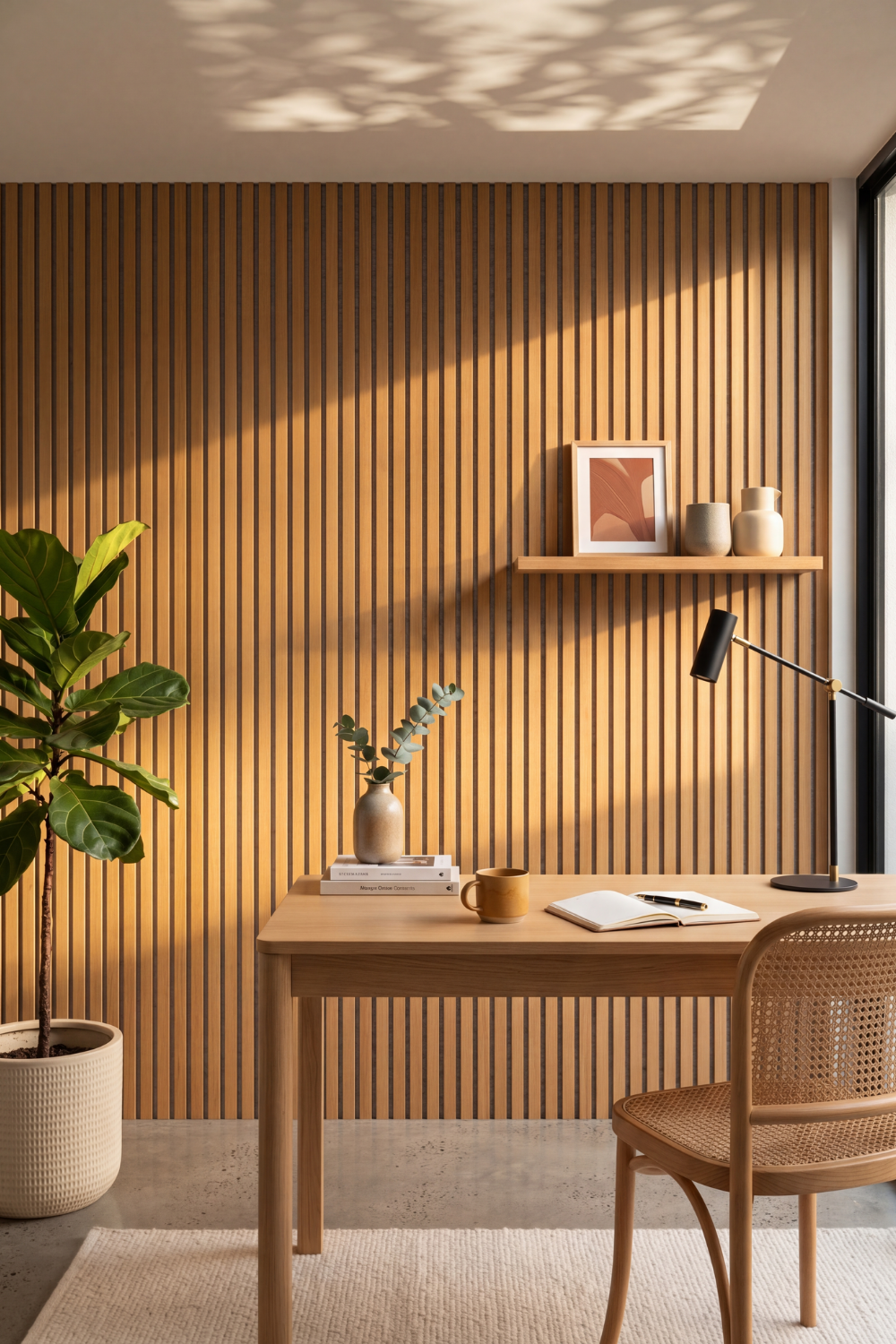 Oak Grey Felt acoustic slat wall panel: home office