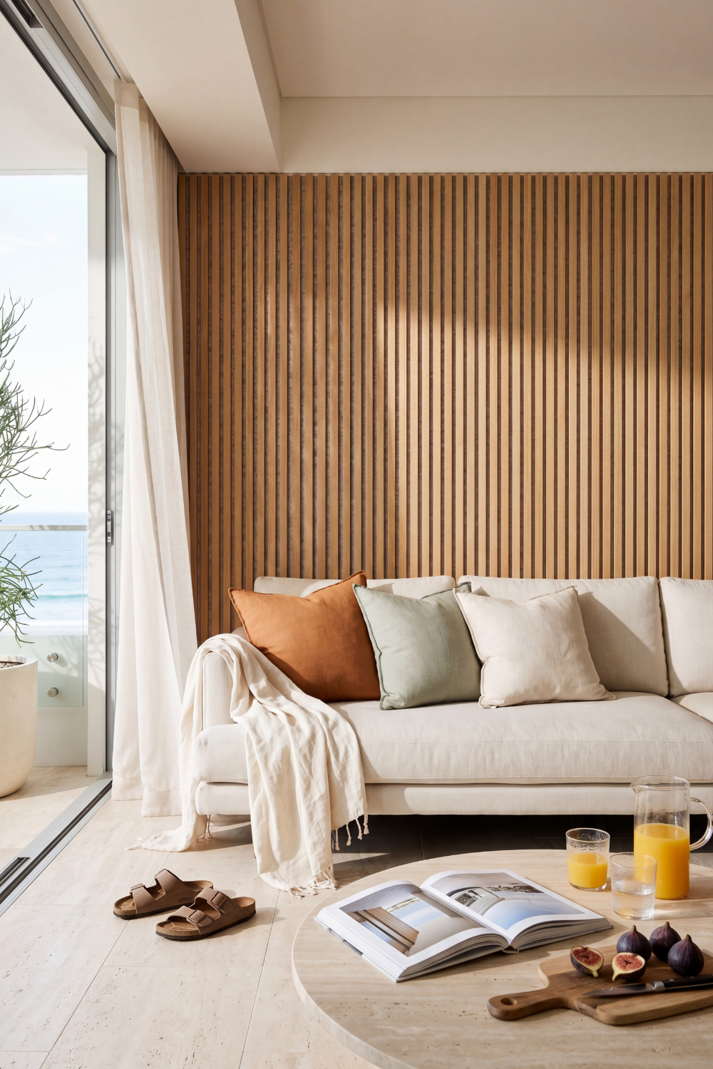 Oak Grey Felt acoustic slat wall panel: Bondi Beach lounge