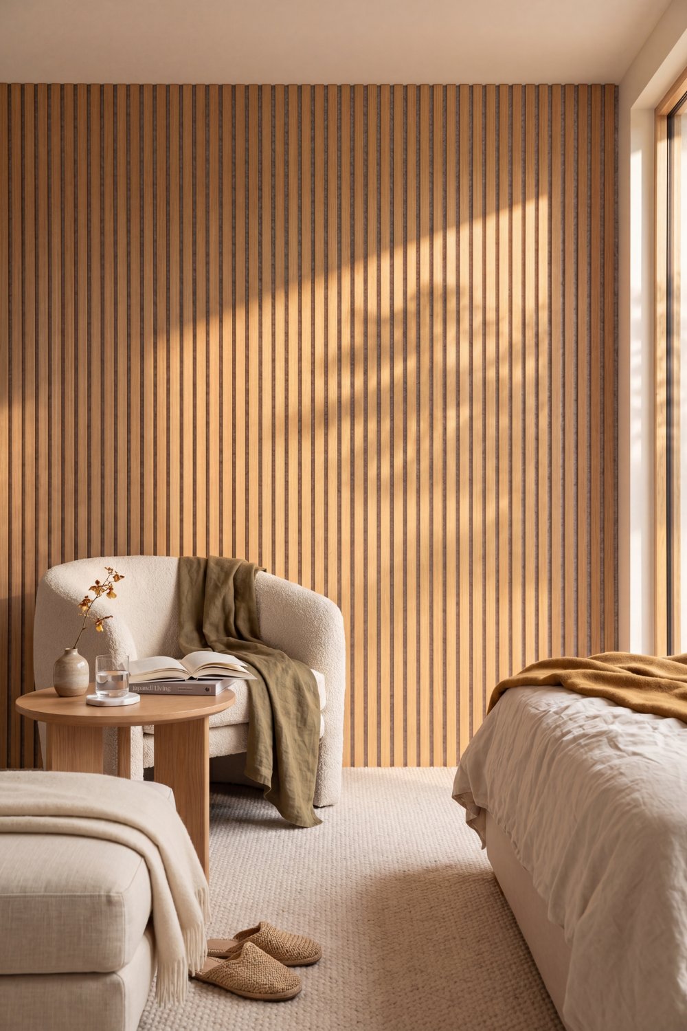 Oak Grey Felt acoustic slat wall panel: reading nook