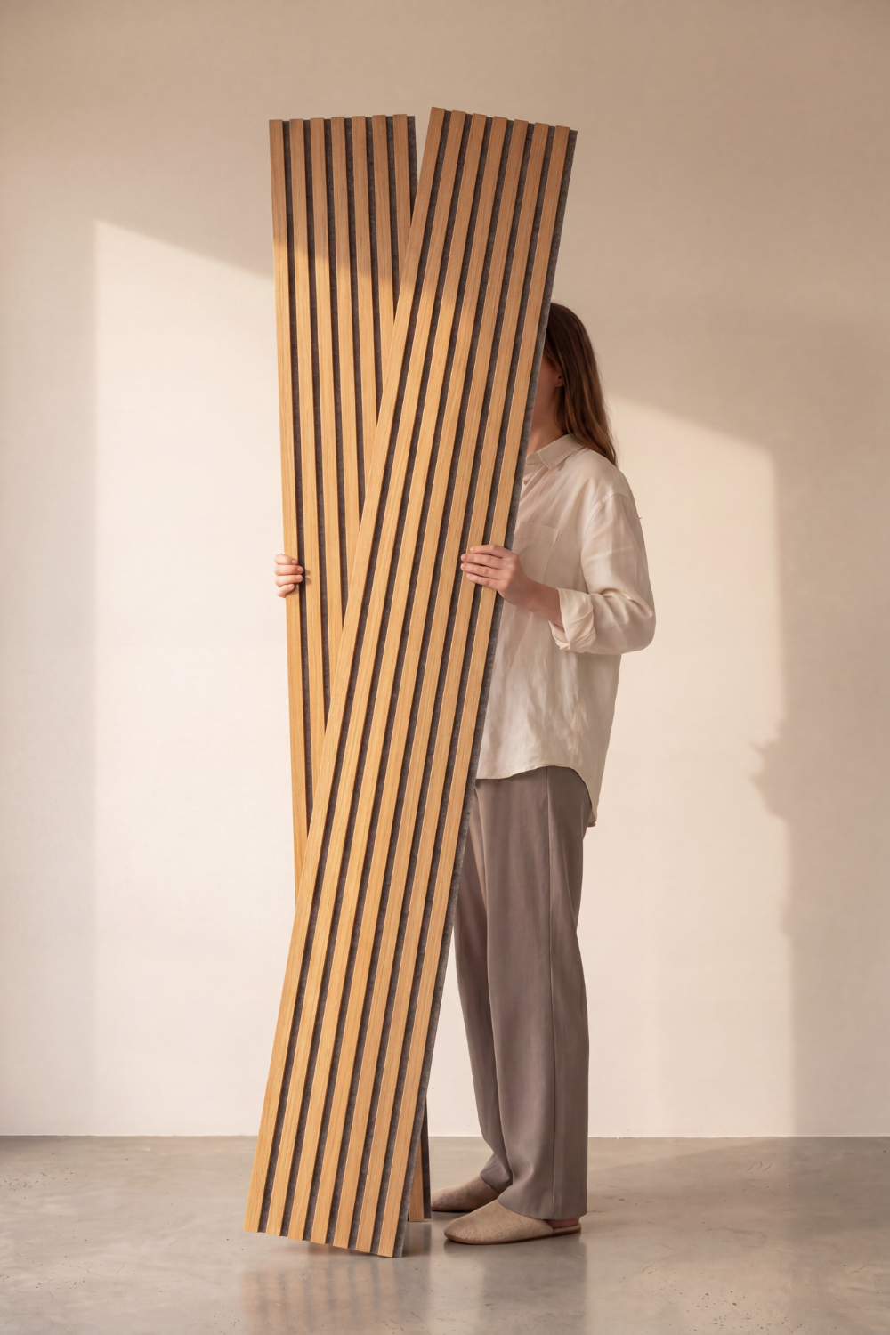 Oak Grey Felt acoustic slat wall panel: studio held panels